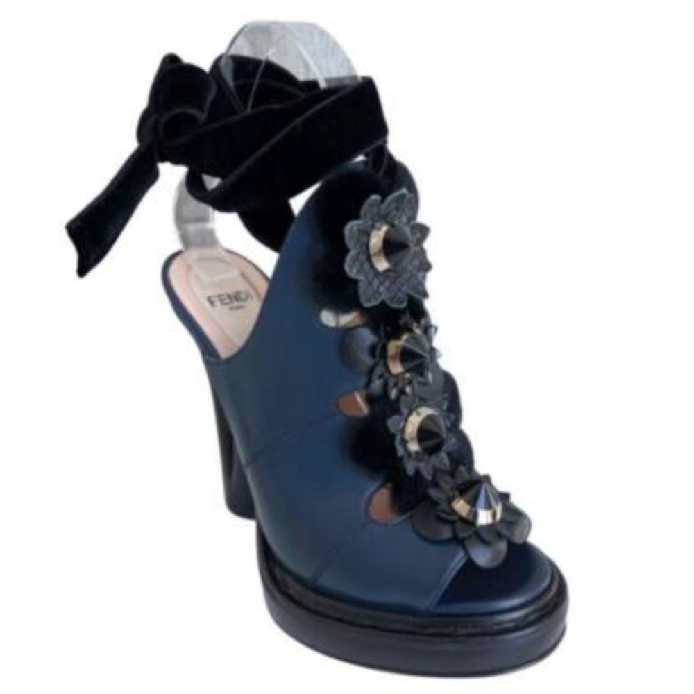 Fendi Flowerland Leather Sandals Navy/Blue Size 39